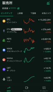 コインチェックの販売所画面に表示された主要仮想通貨の価格とチャート
